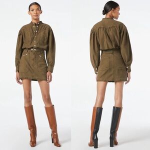 FRAME Moto Zip Utility Snap Front Puff Sleeve Dress - Olive Army Green Sz XS / 0